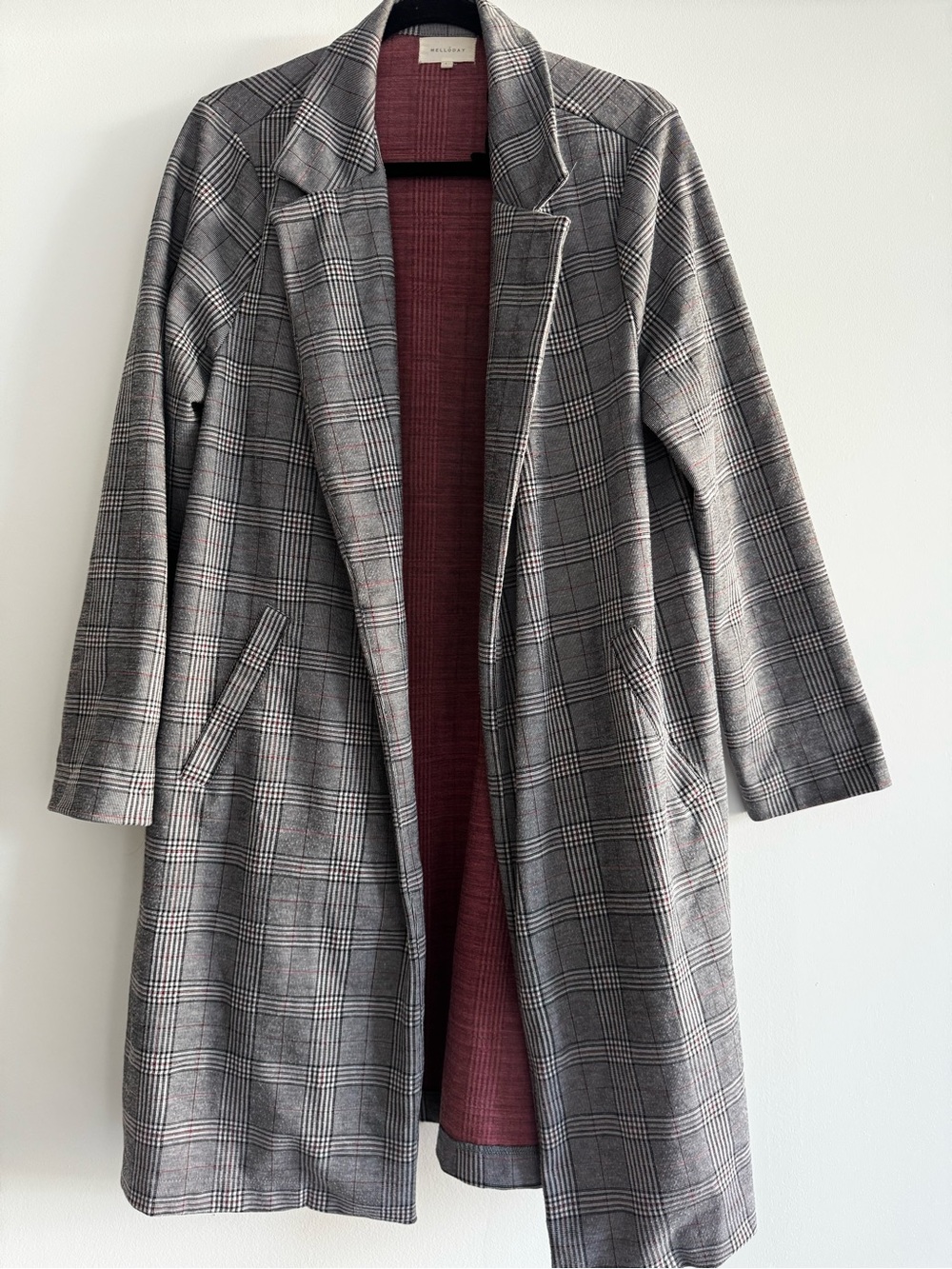 MELLODAY Gray Plaid Trench Coat with Burgundy Lining
